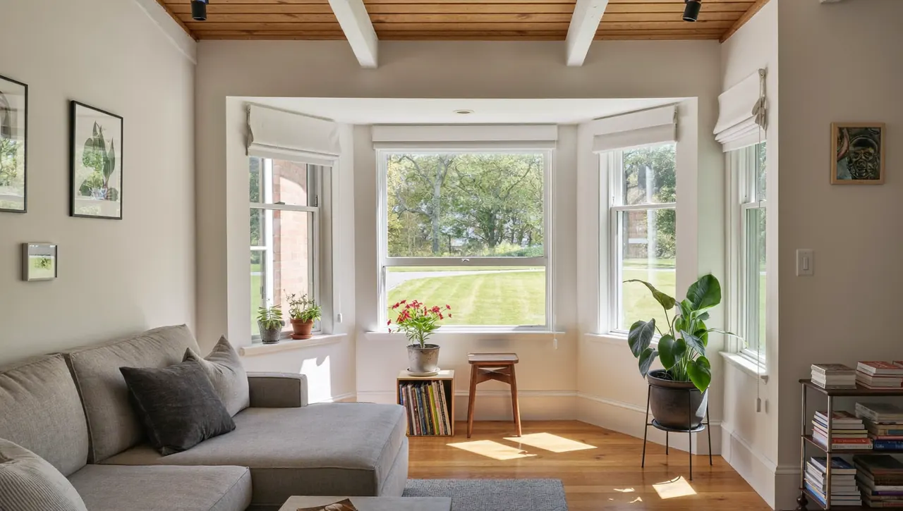 A bay window in a bright living room after installation